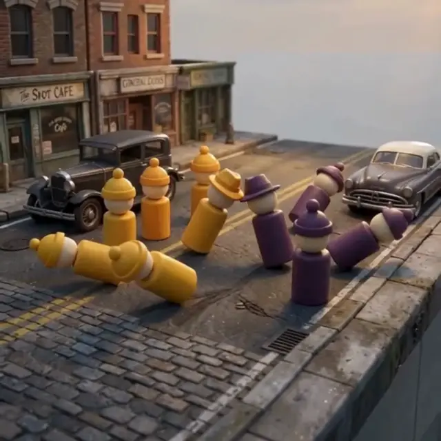 Yellow and purple henchmen clashing on a city street